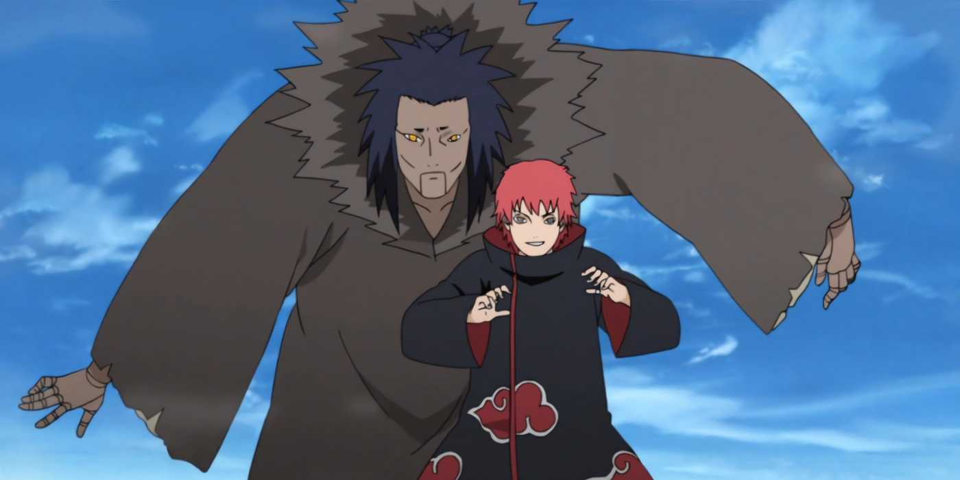 Sasori and his Third Kazekage puppet prepared to fight against an opponent.