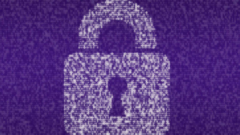 A white digital lock against a purple background.