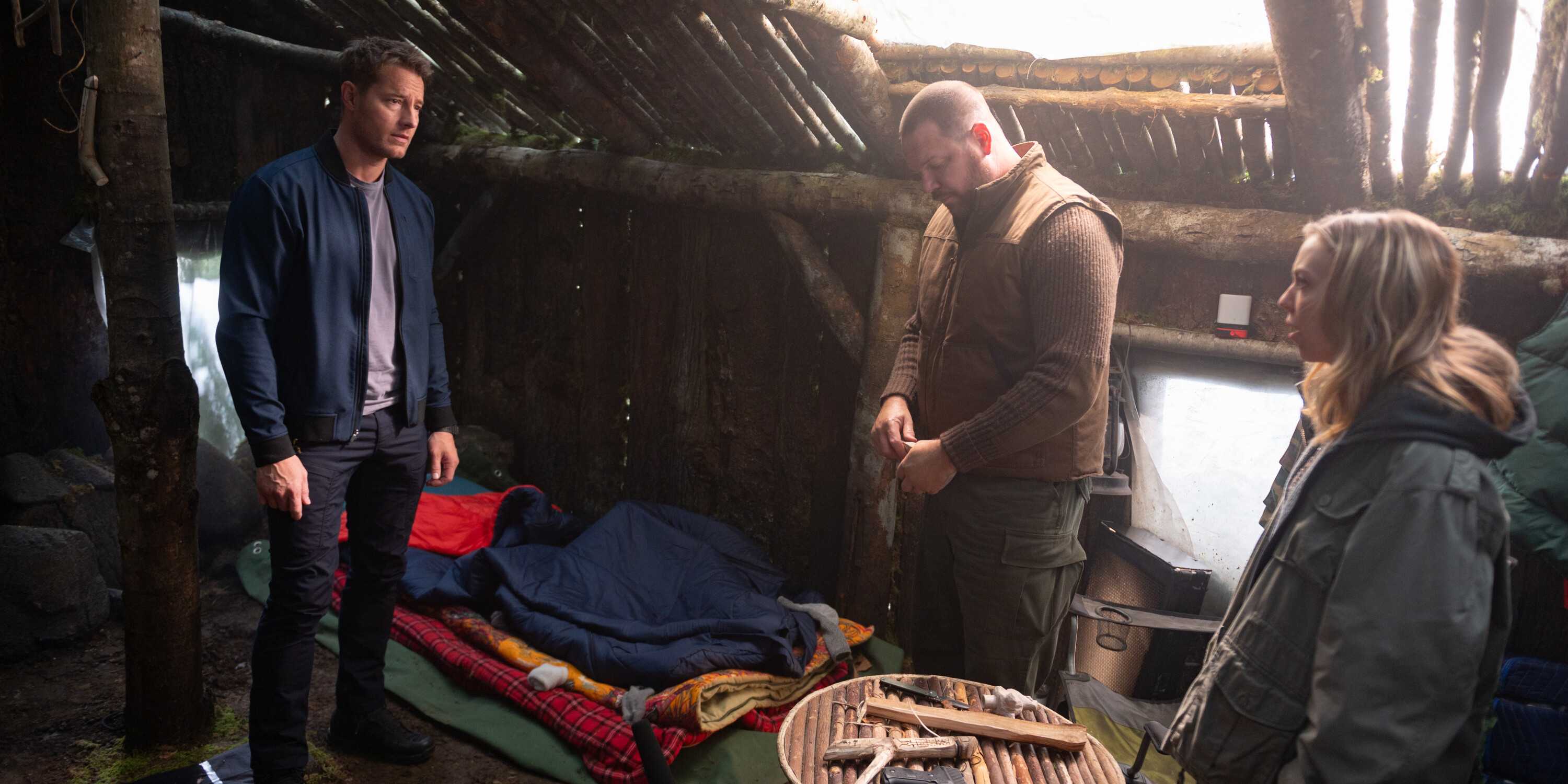 Justin Hartley as Colter Shaw, Jim Parrack as Ben Kidnerson and Sydney Scotia as Angie in Tracker season 2, episode 10