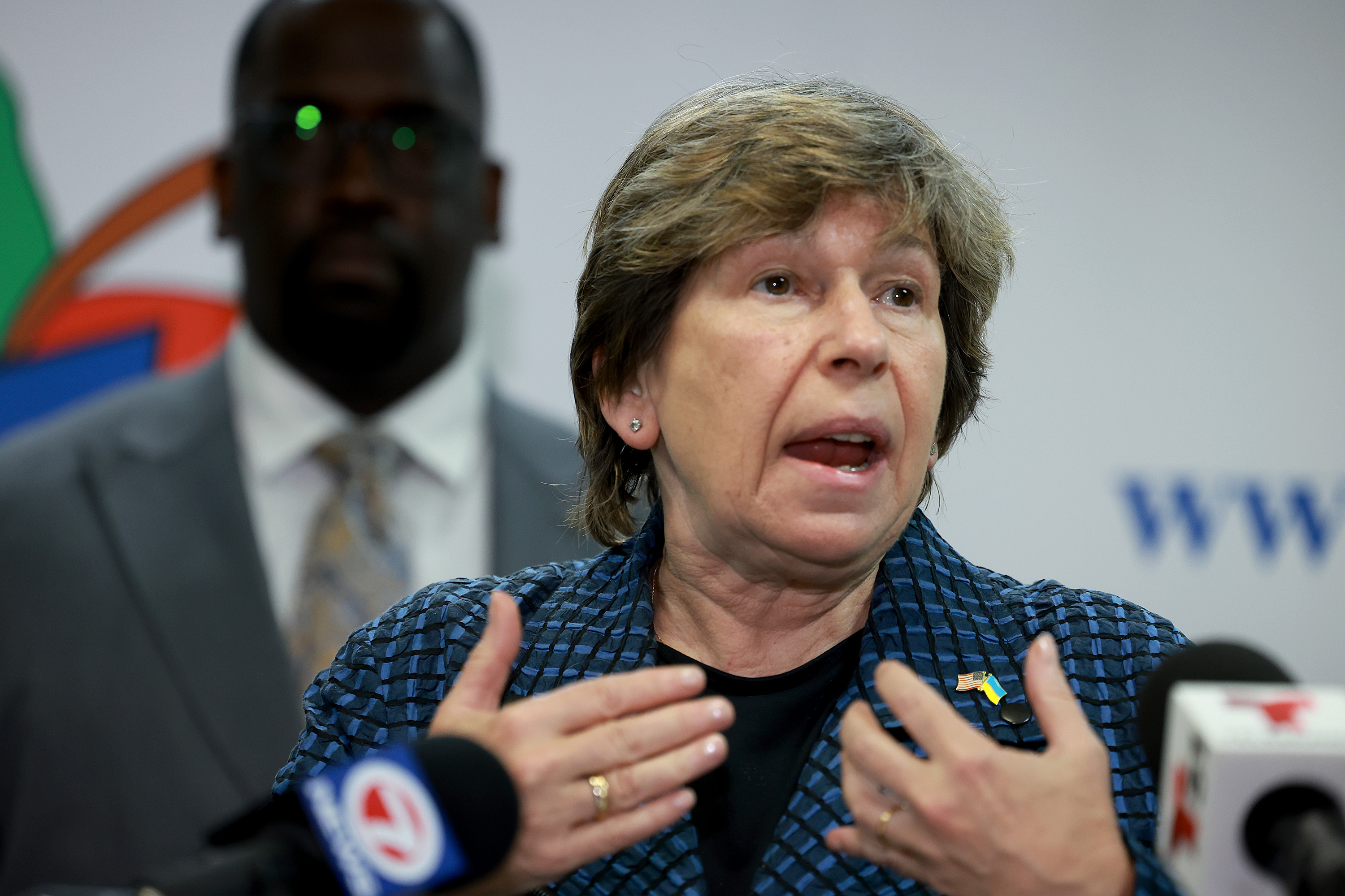 Randi Weingarten, President American Federation of Teachers, speaks during a press conference condemning Florida Governor Ron DeSantis and his alleged role in insurance costs skyrocketing for Floridians on May 03, 2023 Tamarac, Florida. Joe Raedle/Getty Images