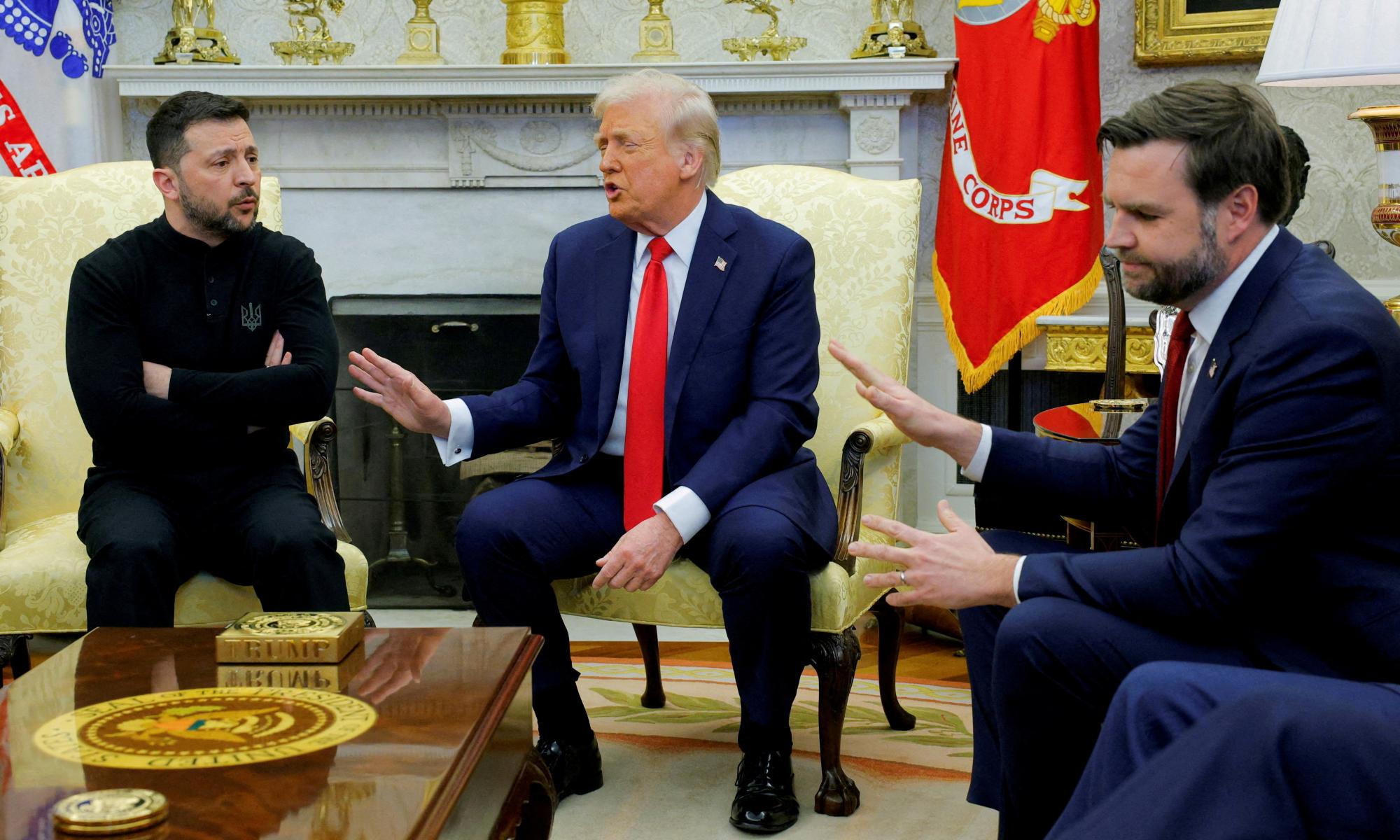 Volodymyr Zelenskyy meets with Donald Trump and JD Vance at the White House, 28 February 2025. Photograph: Brian Snyder/Reuters