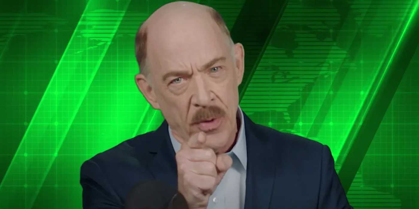 J. Jonah Jameson (JK Simmons) points at the camera in Spider-Man Far From Home