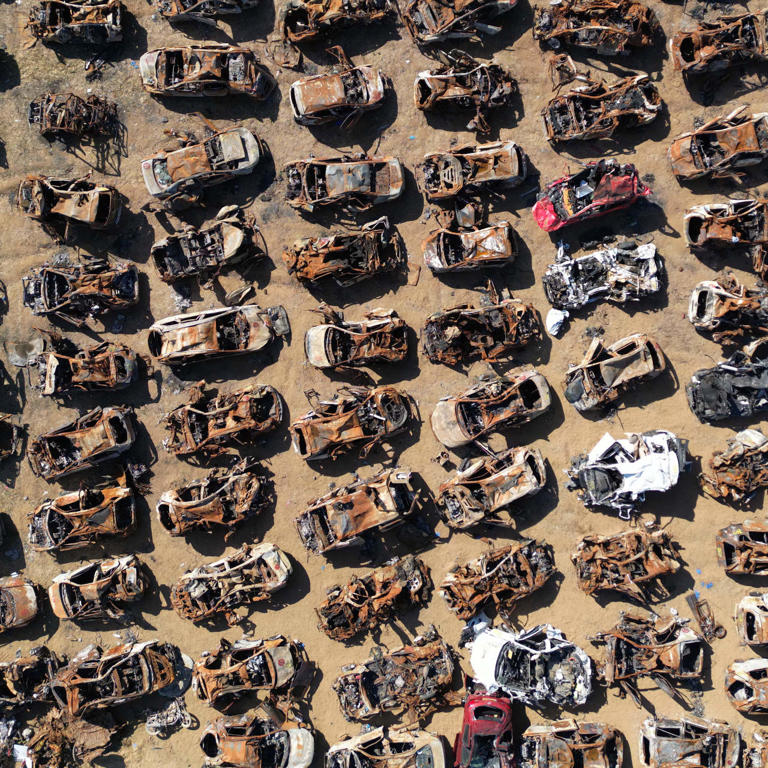 Vehicles destroyed during the Oct. 7, 2023, attack in a compound in Tkuma, Israel.