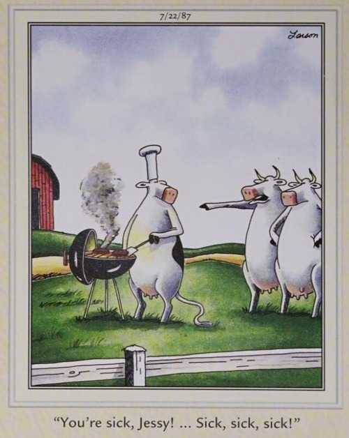 A cow grilling burgers.
