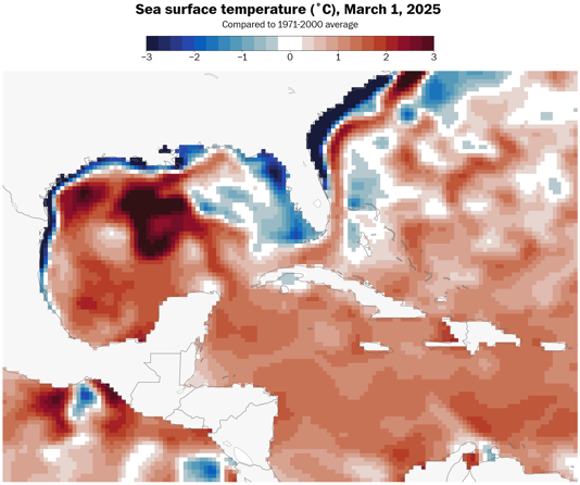 A record warm patch of ocean water in the western Gulf of Mexico will fuel severe weather and influence unusually warm conditions at times.