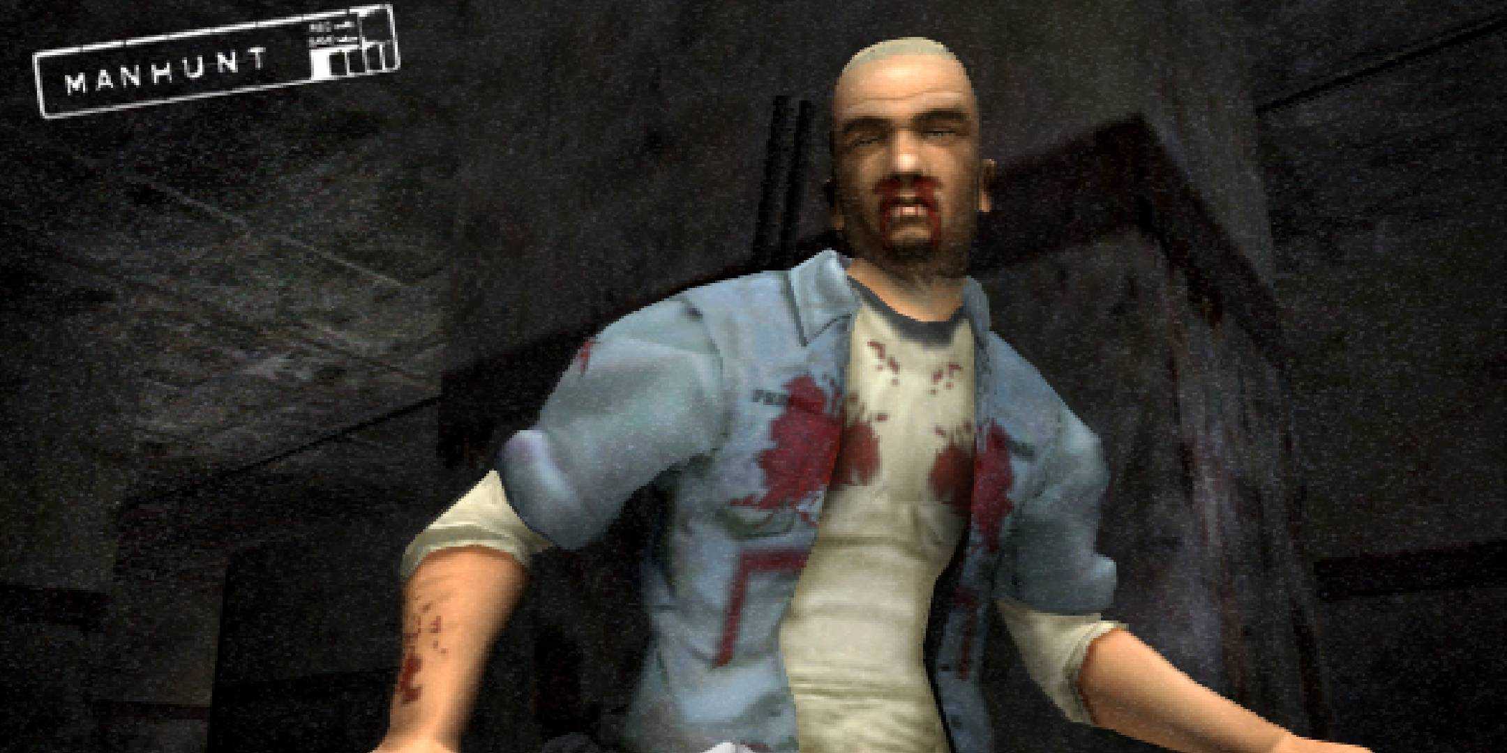 The protagonist of Manhunt covered in blood.