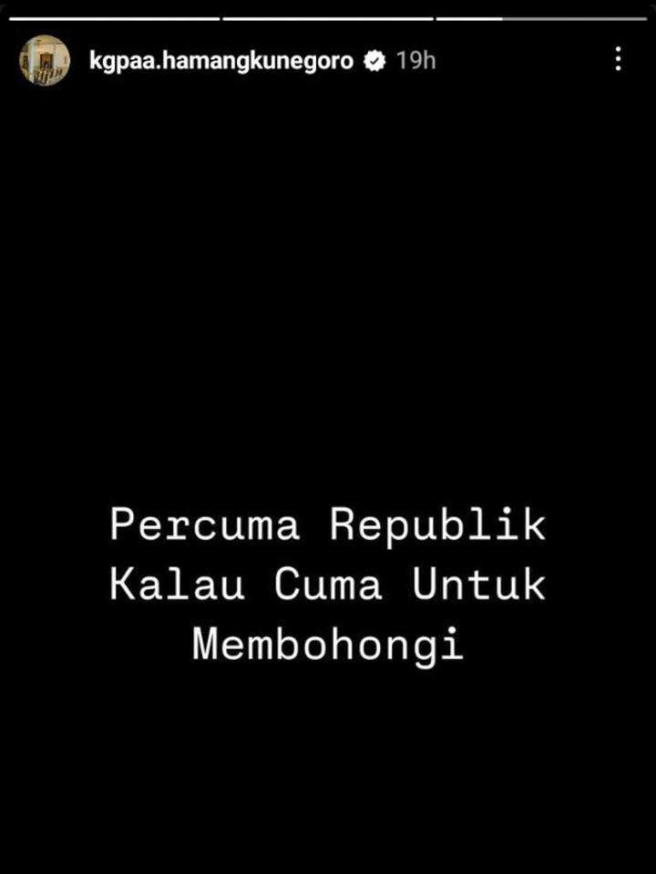 Unggahan Instagram Stories KGPAA Hamangkunegoro. Foto: Instagram/ @kgpaa.hamangkunegoro