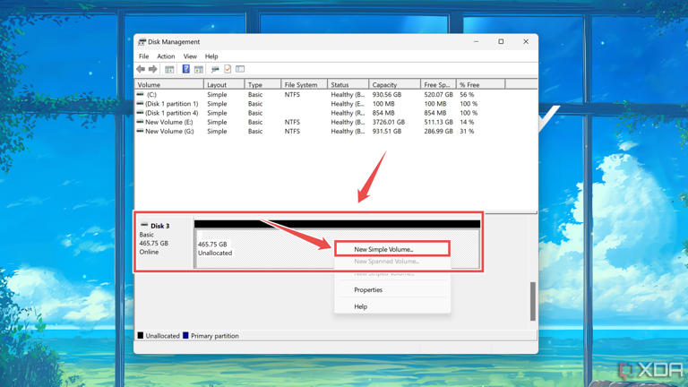Creating a new storage volume in the Disk Management utility
