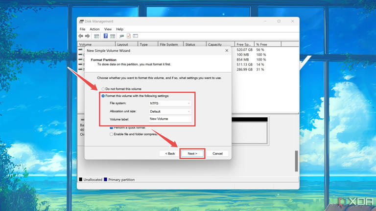 Formatting a volume inside the Disk Management utility