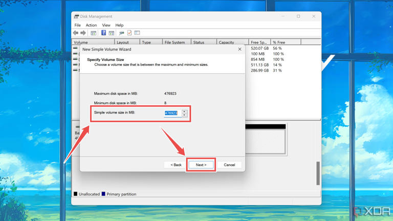 Selecting the volume size in the Disk Management tool