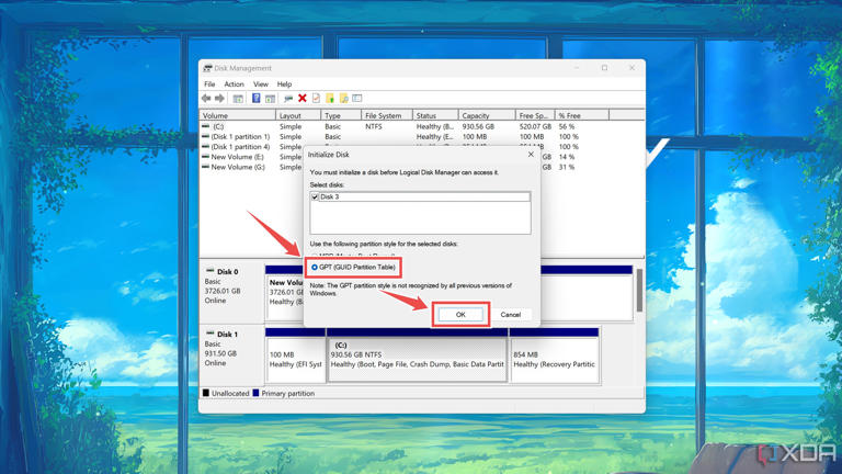 Selecting GPT inside the Disk Management app