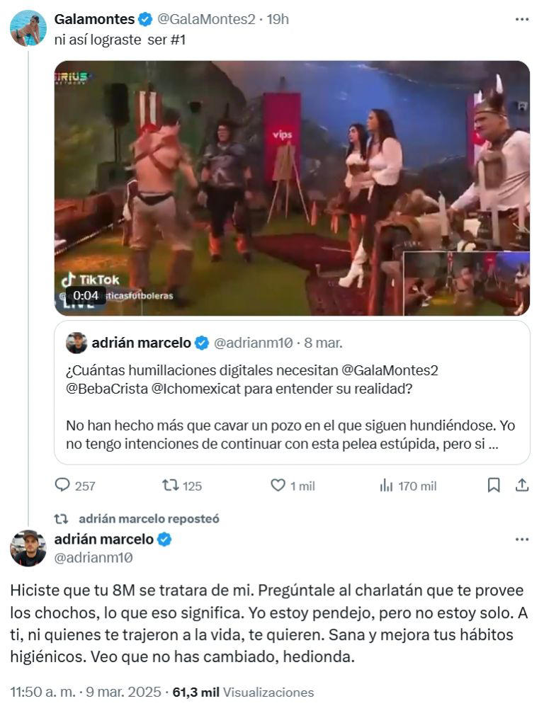 Adrián Marcelo vuelve a atacar a Gala Montes en redes y ella se lanza contra el comediante: "ni así lograste ser el número uno"