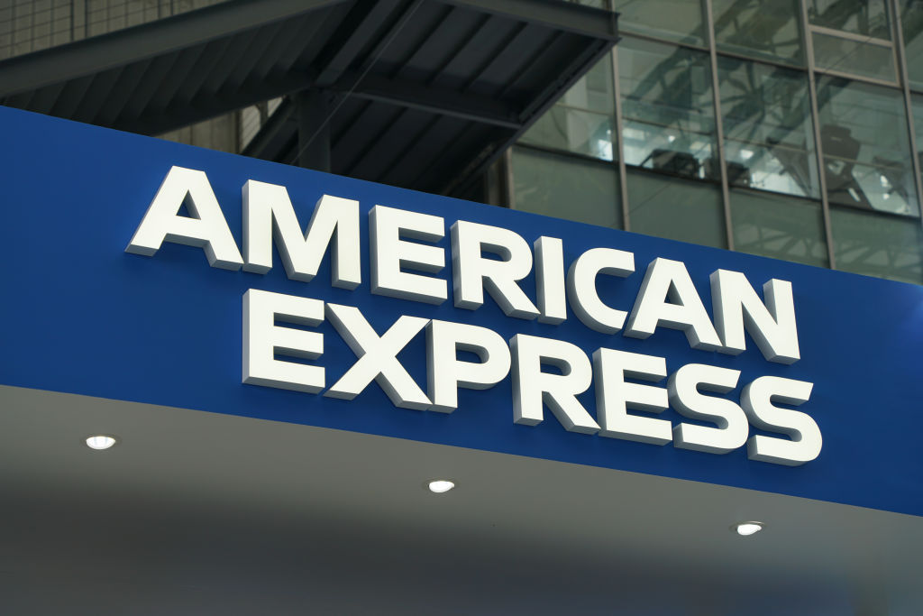 An American Express sign at the Bund Conference in Shanghai, China, in September 2024