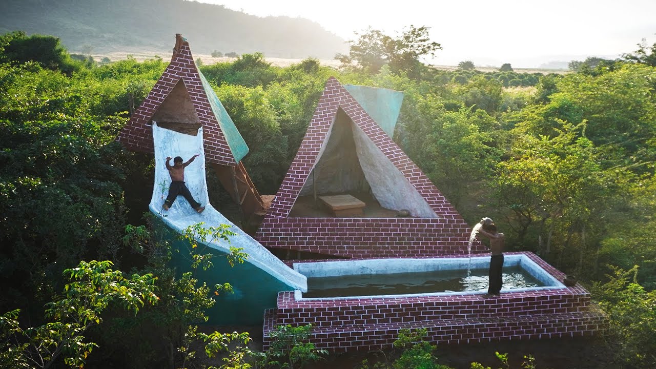 Building a jungle mud house with a pool and water slide by hand