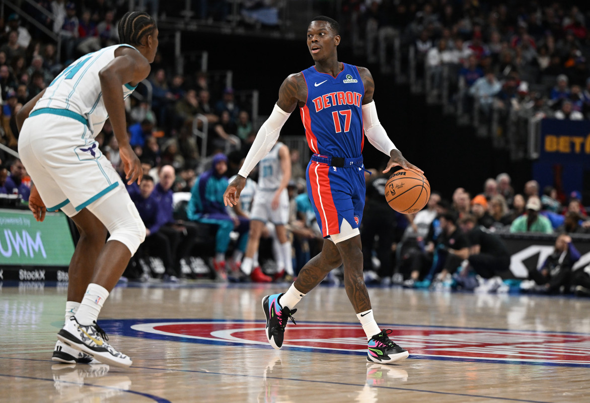 Detroit Pistons newly acquired guard, Dennis Schroder (17) dribbles the ball up the court in the second quarter at Little Caesars Arena. Lon Horwedel-Imagn Images