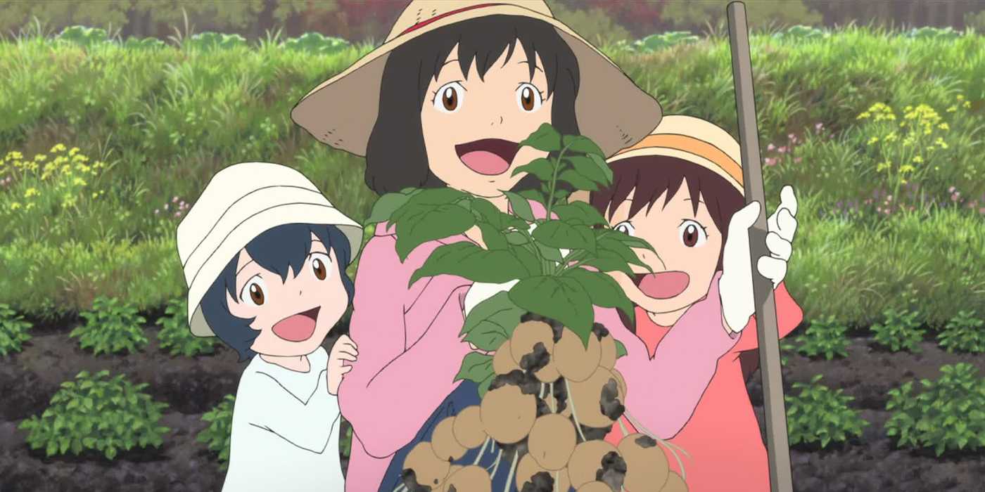 The Wolf Children family farms together, smiles, and hold potatoes in Wolf Children.