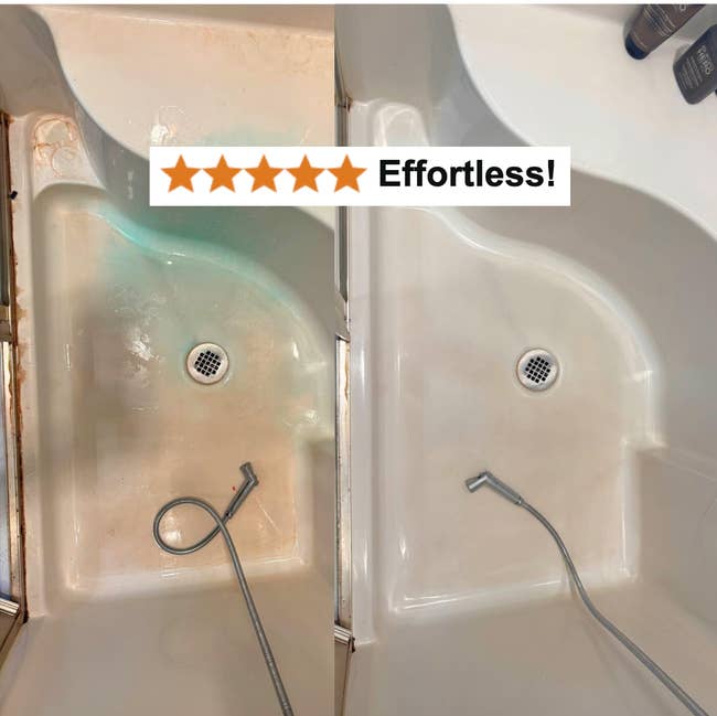 Side-by-side of a shower floor before and after cleaning; left shows grime, right is spotless.