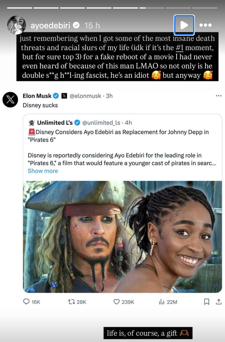 Ayo Edebiri called Elon Musk an ‘idiot,’ after spreading a rumor that she was going to be named as the new Jack Sparrow. (Ayo Edebiri / Instagram)