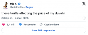 «Afectan el precio de mi duvalín»: Mia Khalifa sobre los aranceles