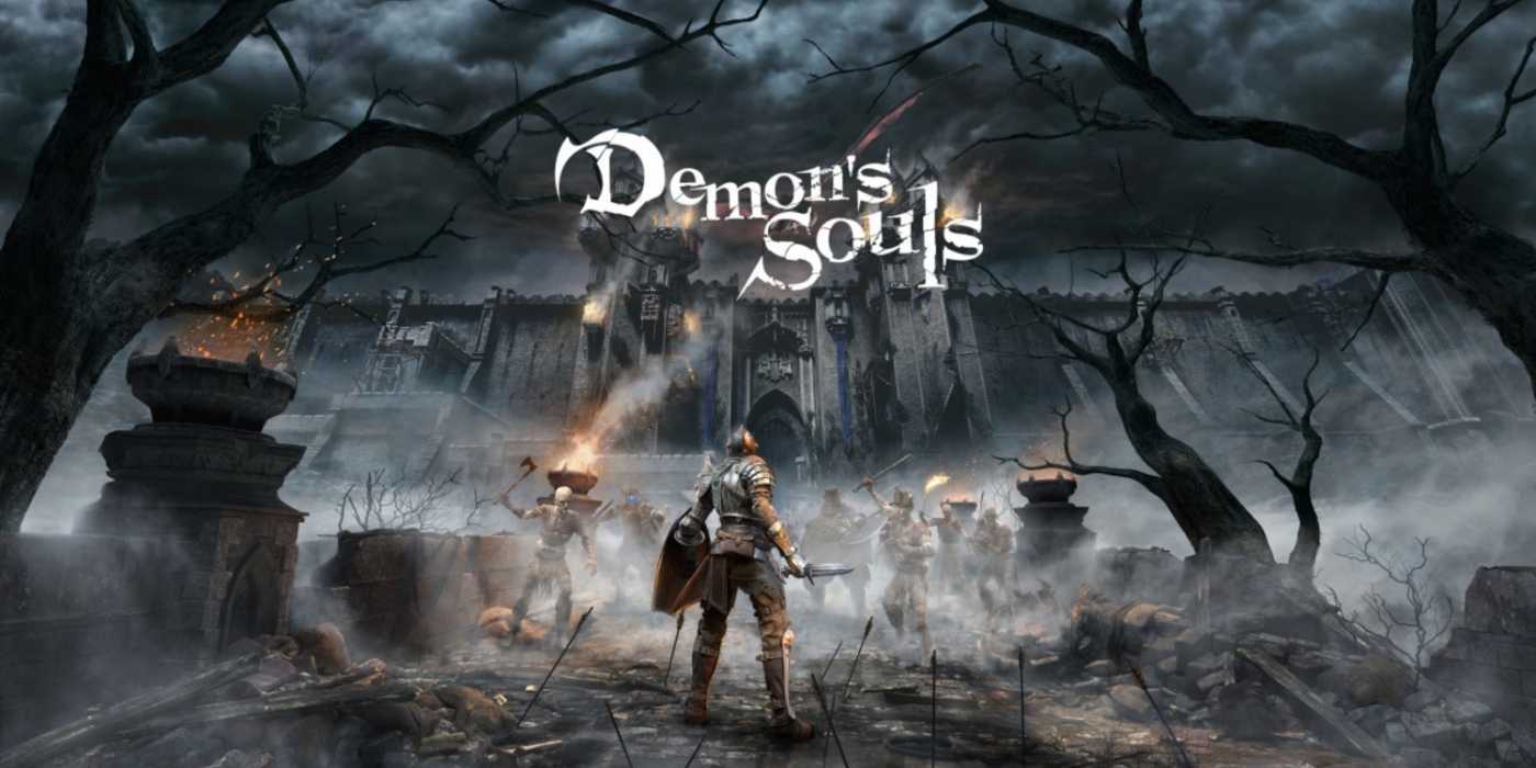 Demon's Souls remake art featuring the protagonist overlooking an undead army and the gates of Boletaria.