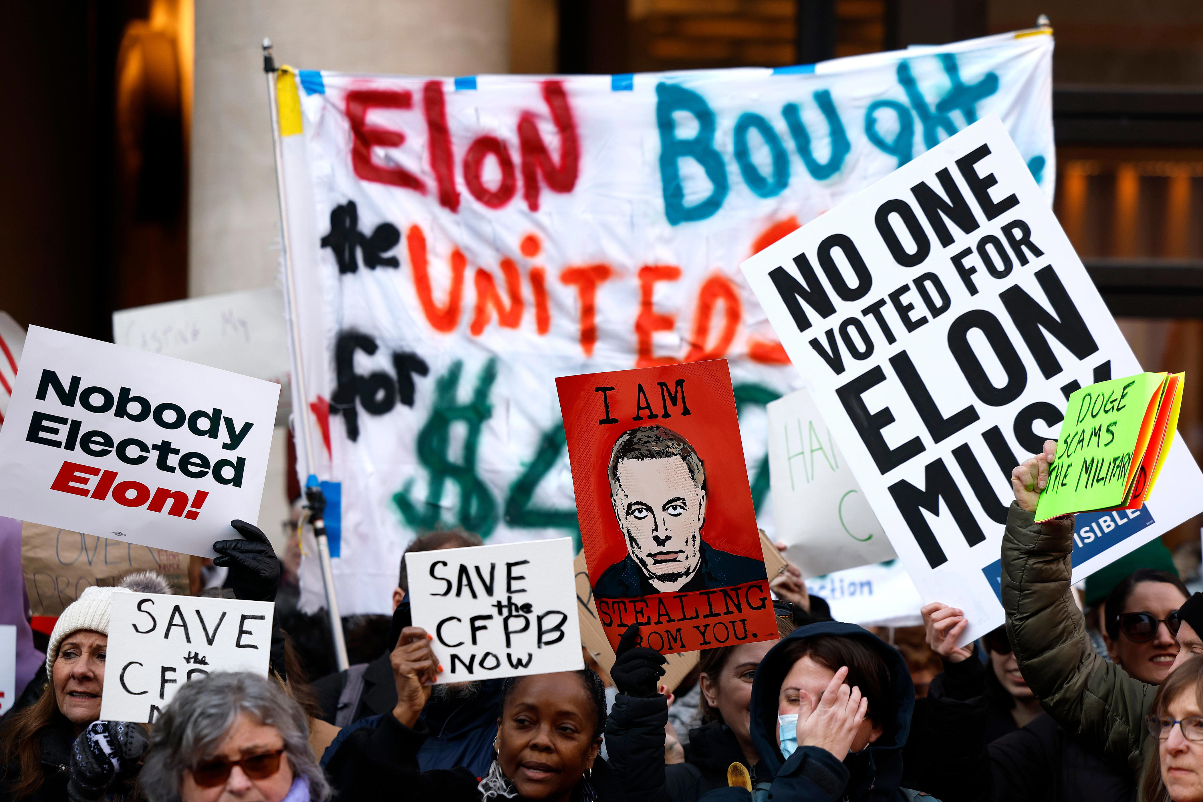 Protesters have organized against Elon Musk's initiative to gut agencies in the federal government by firing their employees. Anna Moneymaker/Getty Images