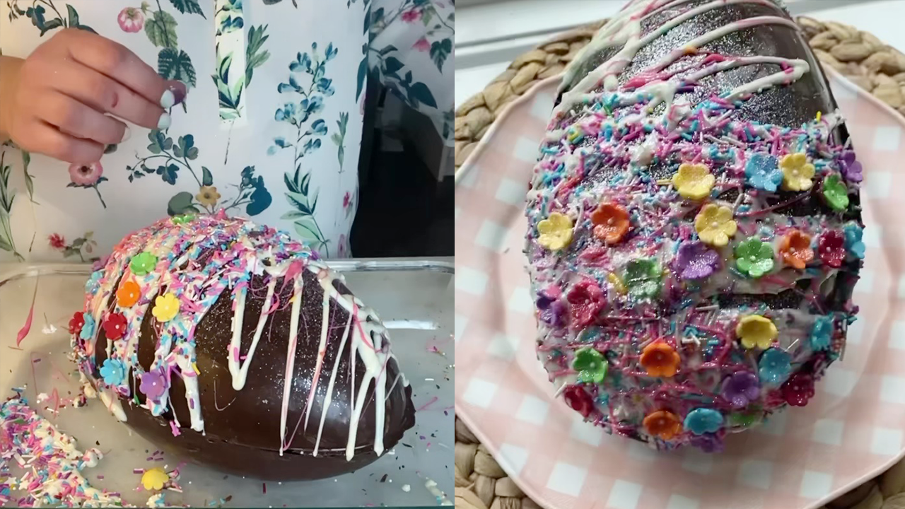 'Satisfying clip of a candy-filled chocolate egg getting smashed'