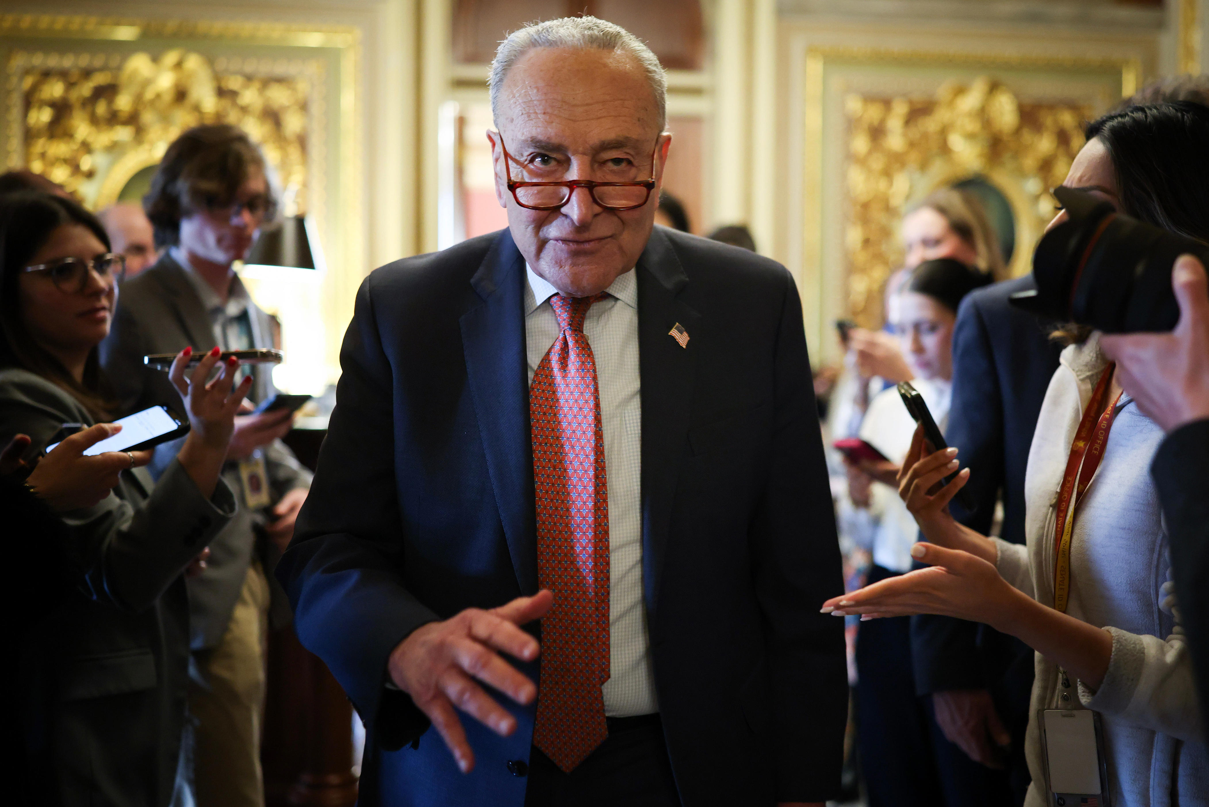 Senate Minority Leader Chuck Schumer (D-NY) leaves the Democratic caucus lunch at the U.S. Capitol on Thursday.