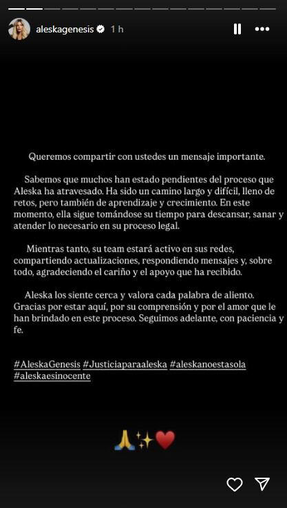 Aleska Génesis difundió un segundo comunicado tras quedar en libertad (Imagen: IG @aleskagenesis)