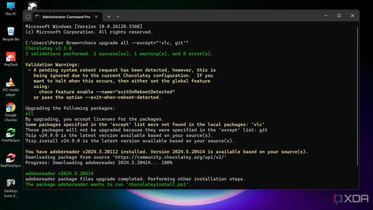 Updating all apps except VLC and Git using Chocolatey