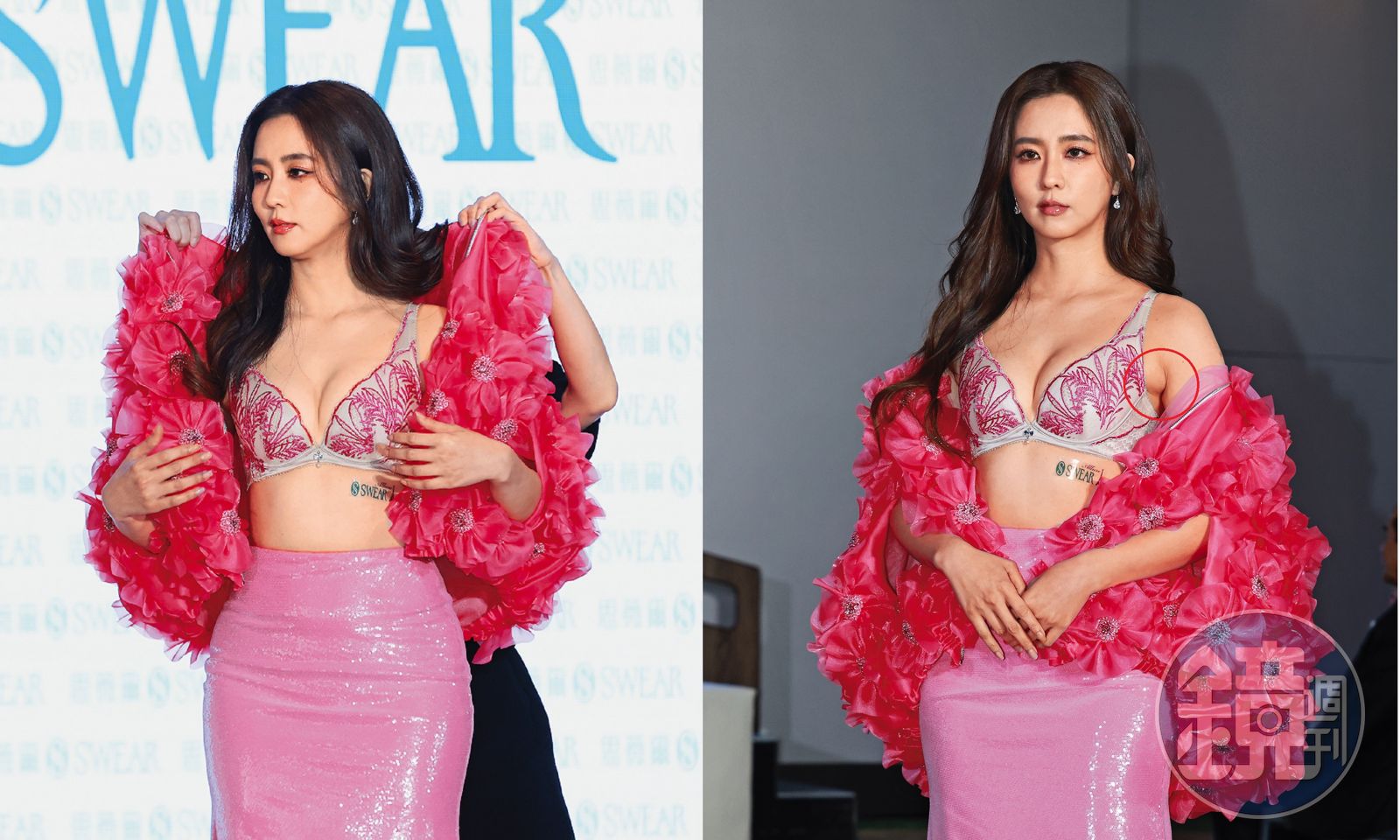 周曉涵二奶見客（紅圈處），好在助理立刻出動「遮羞布」幫擋（左圖），一秒變回凍齡女神啦～