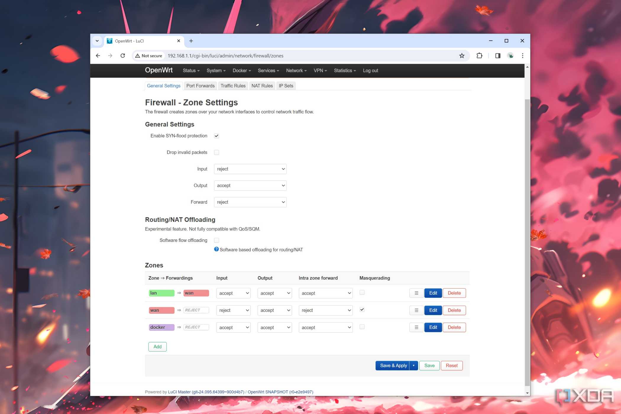 The General Settings tab of the OpenWrt firewall settings page
