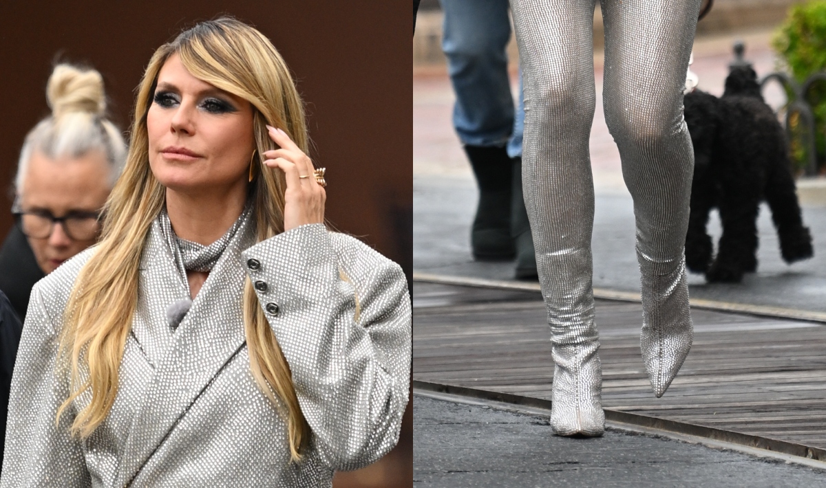 Heidi Klum Turns Heads in Metallic Silver Rhinestoned Legging Boots On