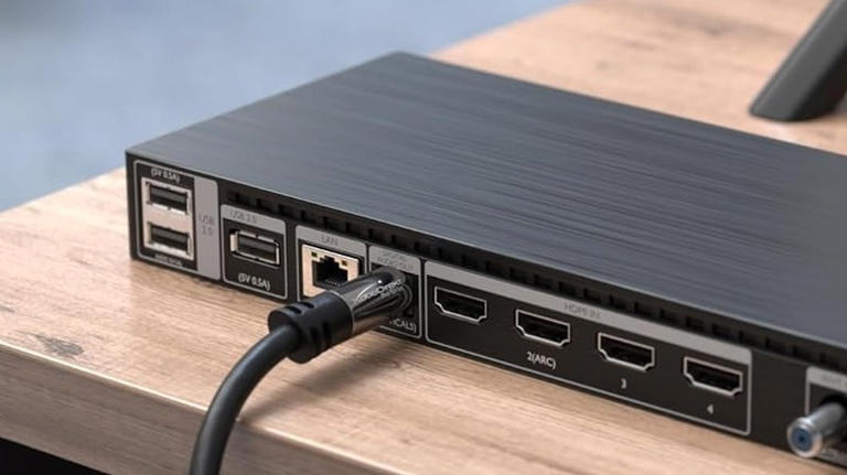 An optical cable attached to a Samsung box.