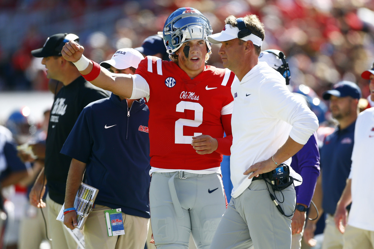 Ole Miss QB Jaxson Dart (left) with head coach Lane Kiffin (right) Petre Thomas-Imagn Images