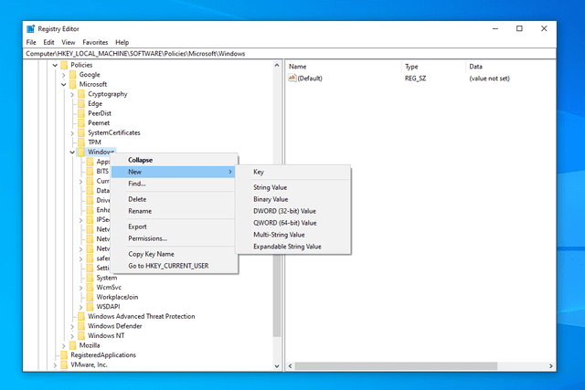 Creating a new registry key in Windows 10