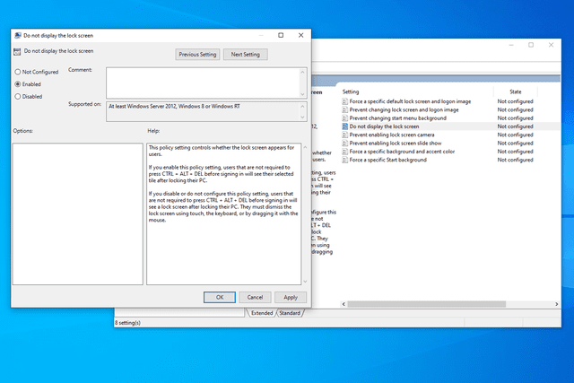 Local Group Policy Editor open to lock screen management in Windows 10