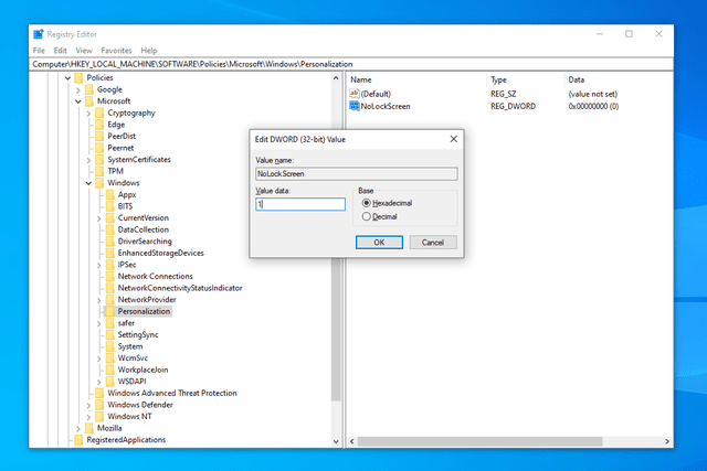 NoLockScreen registry value in Windows 10