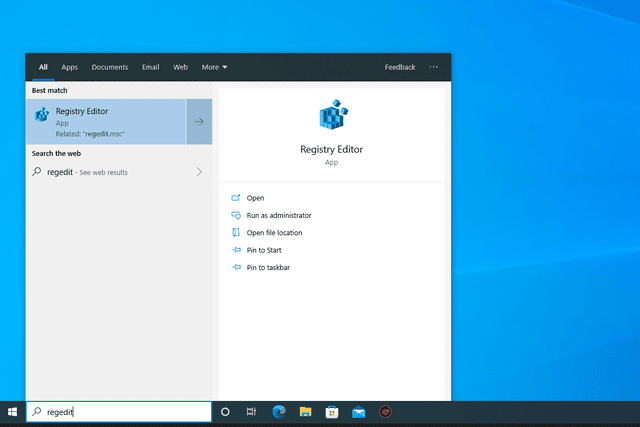 Search results for 'regedit' on Windows 10