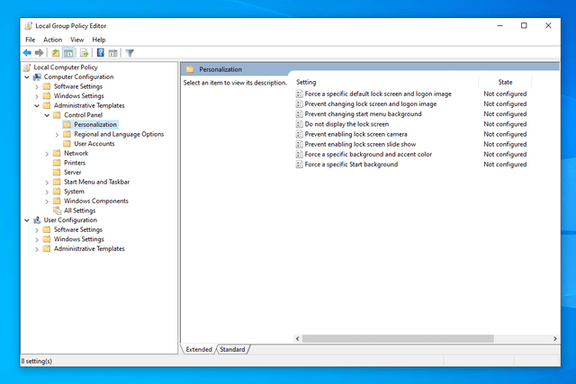 Personalization folder selected in Local Group Policy Editor in Windows 10