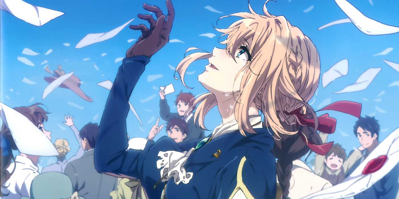 Violet Evergarden reaching out for letters falling from the sky as she smiles and a crow surrounds her.