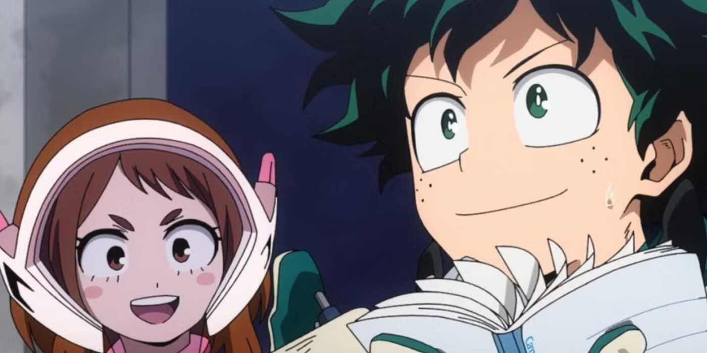 Deku flips through a book while his friend Ochaco looks at him with a smile in My Hero Academia.