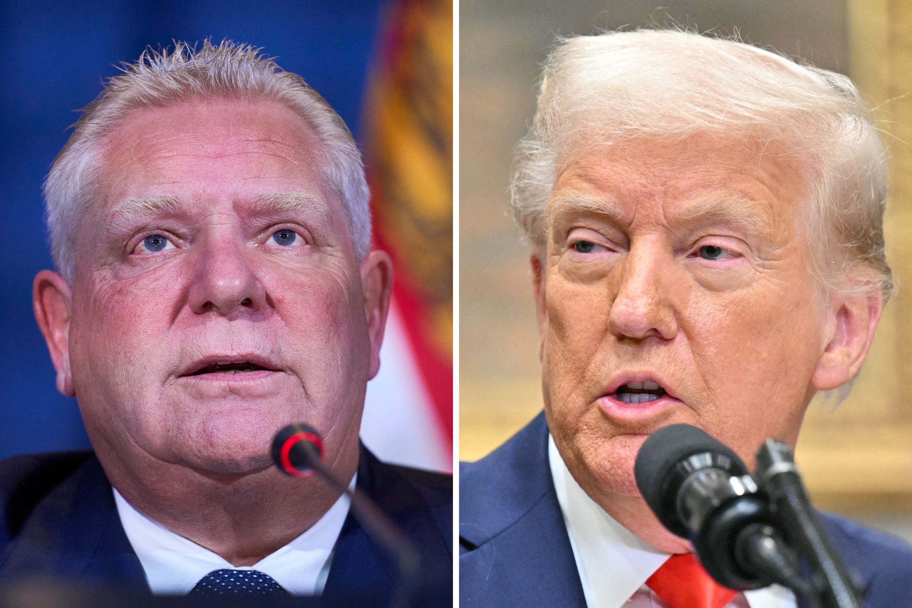 Ontario Premier Doug Ford speaking during a press conference at Canada's Premiers Conference in Toronto, Ontario, December 16, 2024 (left) and President Donald Trump in the Roosevelt Room of the White House in Washington, DC, on March 3, 2025 (right). GEOFF ROBINS/AFP/ROBERTO SCHMIDT/GETTY