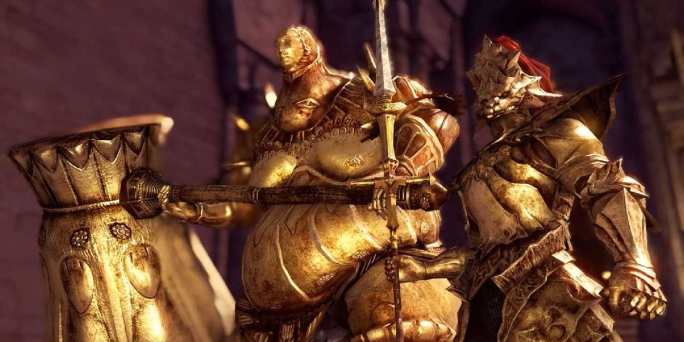Ornstein and Smough standing together in their gold armor in Dark Souls.