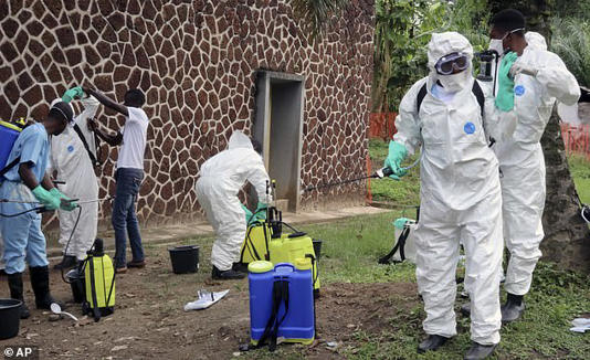 Pictured above are workers in the Congo disinfecting buildings following an Ebola virus outbreak in July 2018