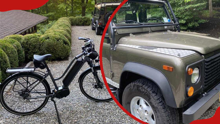 Greg Gutfeld's electric bicycle (e-bike) (L) and his Land Rover Defender 90 series, short wheel base version (R). Photo: @realgreggutfeld on Instagram (modified by author) Source: UGC