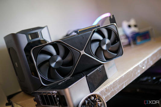 An image of the Nvidia GeForce RTX 5090 graphics card sitting on a shelf.