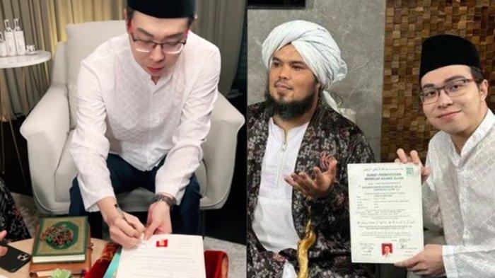 RICHARD LEE RESMI MUALAF - Momen Richard Lee menandatangai berkas mualaf yang disaksikan langsung oleh Ustadz Derry Sulaiman dan Ustadz Felix Siauw, Rabu (5/3/2025) (Tangkapan layar Ig @derrysulaiman)
