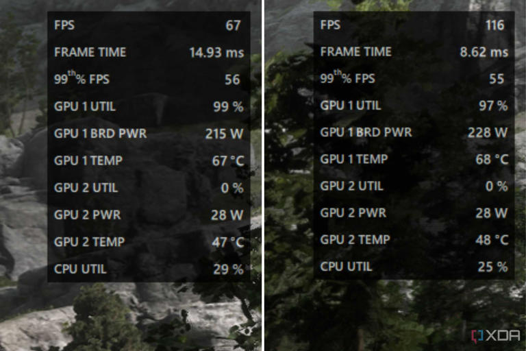 An image showing two screenshots next to each other with AMD Adrenalin overlay.