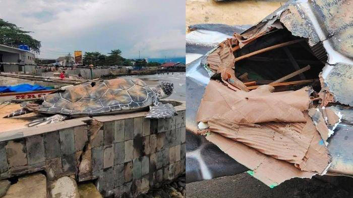 PATUNG PENYU VIRAL - Kolase foto patung penyu di Sukabumi yang virla bernilai Rp 15 miliar dan terbuat dari kardus, Jumat (07/03/2025). Sosok kontraktor pembuatan patung penyu disebut bernilai Rp15 miliar dan terbuat dari kardus viral di media sosial. (Facebook)