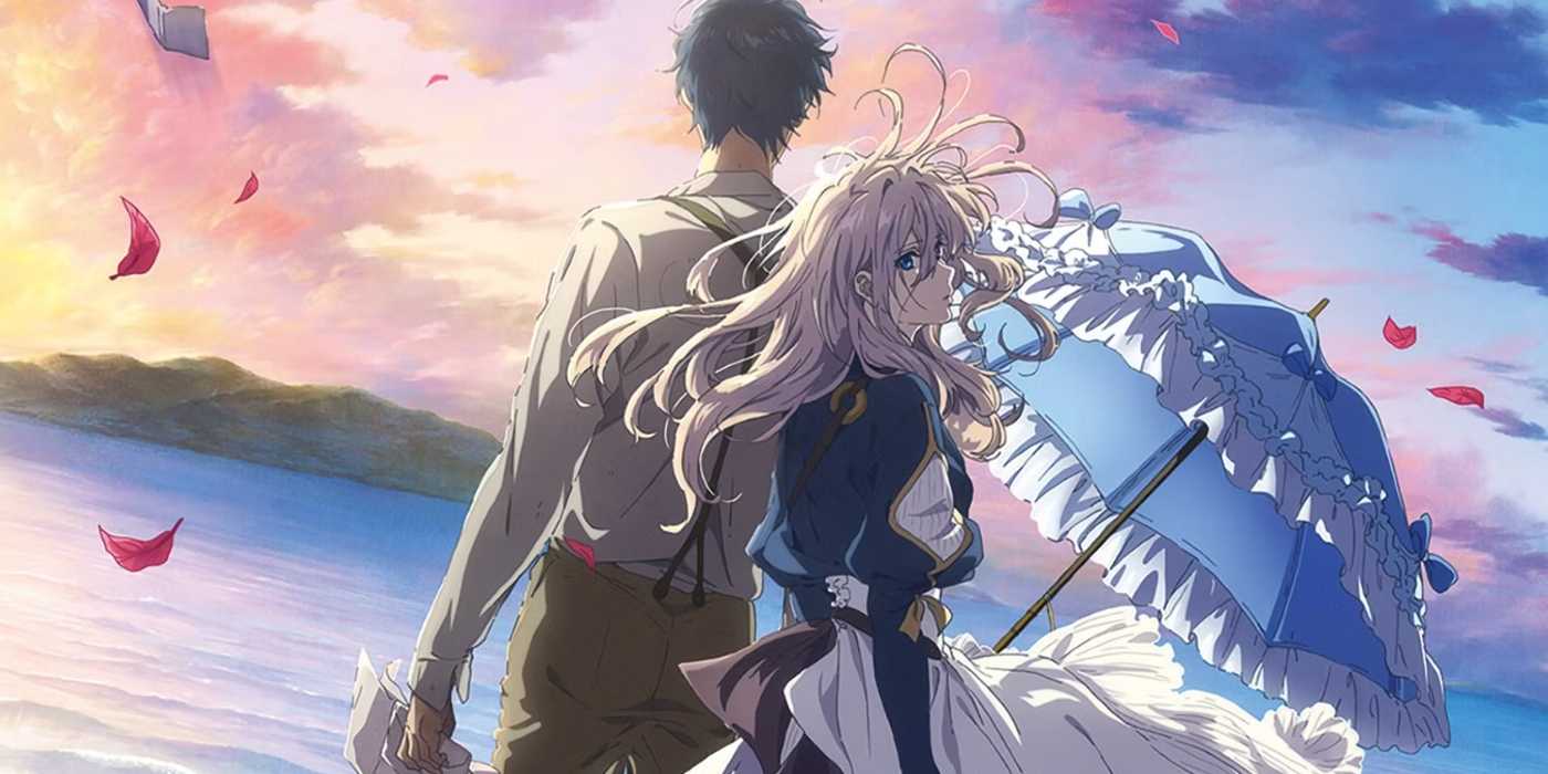 Violet Evergarden The Movie's poster featuring Violet and Gilbert standing in front of water, Violet holding a parasol and Gilbert holding a letter.
